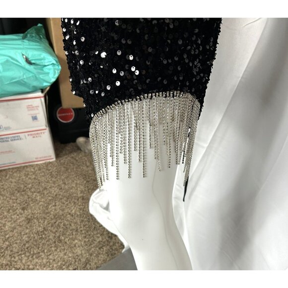 Black Sequined Mini Dress by Alyce Paris, Rhinestone Chains on Hem, Size 14, NWT - Picture 2 of 10